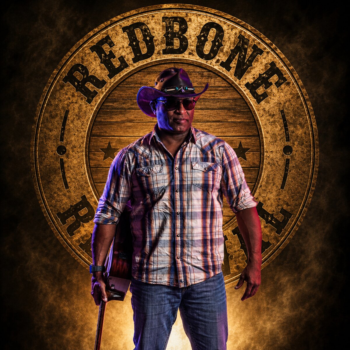Jermaine "Redbone" Roberts in a cowboy hat holding a guitar in front of the Redbone Revival emblem